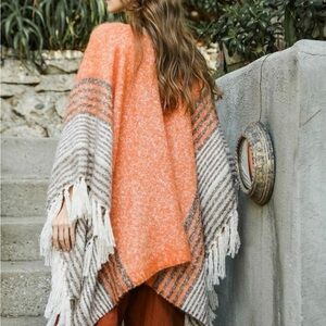 Orange Faux Mohair Striped Border Tassel Ruana
